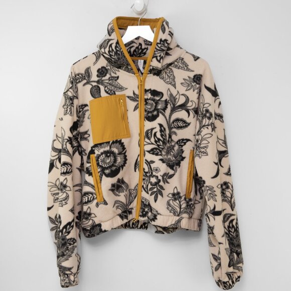 Anthropologie Daily Practice Fleece Jacket Floral Cream Black Yellow Size Medium - Picture 2 of 8